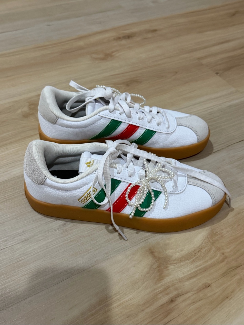 adidas White Sneakers with Red & Green Stripes and Gum Sole